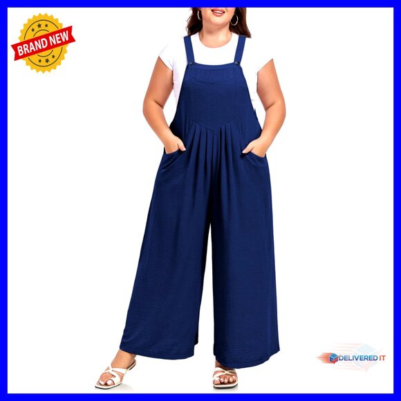 Plus Size Overalls Wide Leg Jumpsuit Adjustable Straps Pockets Summer Casual
